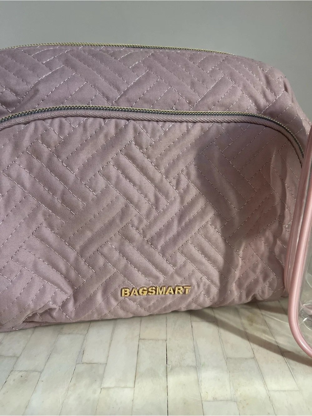 Bagsmart Pink Quilted Cosmetic Bag with Clear Pink-Trim Pouch